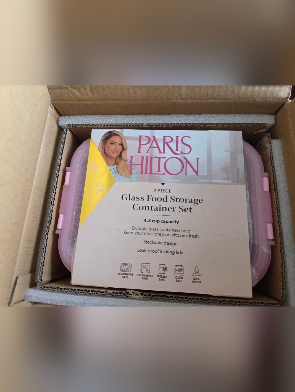 New In Box Paris Hilton Pink Glass Food Storage Container Set - 2 Piece